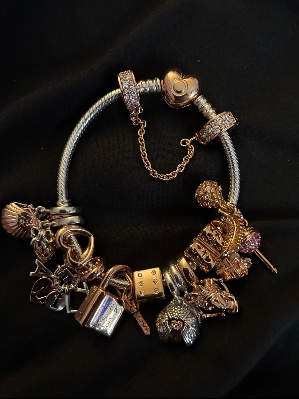Authentic Pandora rose gold and silver Charm bracelet